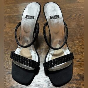 Stuart Weitzman Black Beaded Aleena 100 satin heeled sandals